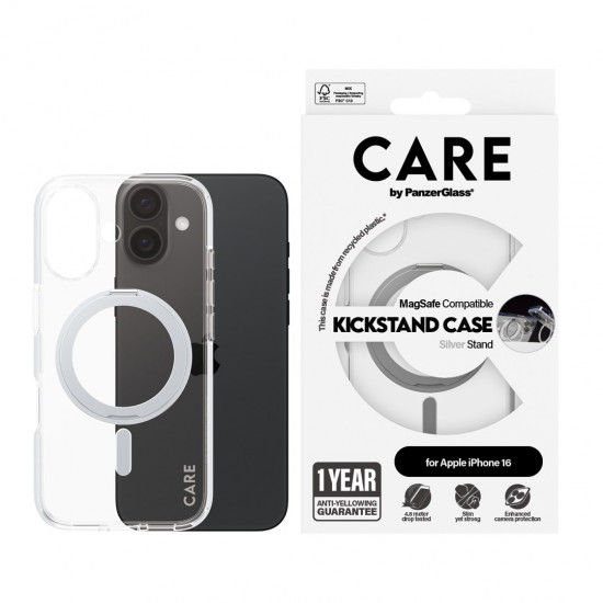 PanzerGlass CARE by ® Feature Case Transparent w. Silver Kickstand & MagSafe iPhone 16