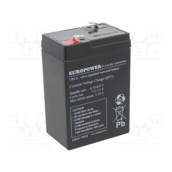 BATTERY 6V 4.5AH VRLA/EP4.5-6 EUROPOWER EMU