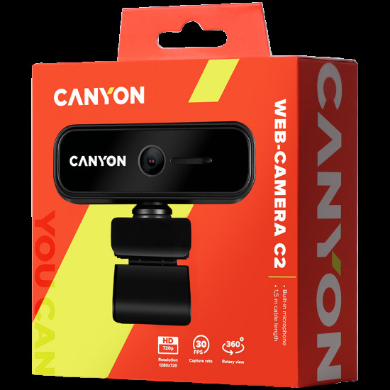 CANYON C2, 720P HD 1.0Mega fixed focus webcam with USB2.0. connector, 360 rotary view scope, 1.0Mega pixels, built in MIC, Resolution 1280*720(1920*1080 by interpolation), viewing angle 46 , cable length 1.5m, 90*60*55mm, 0.104kg, Black
