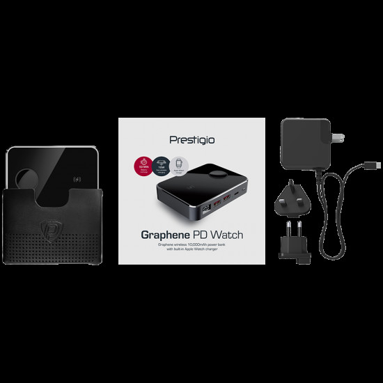 Prestigio Graphene PD Watch Edition, fast charging powerbank, 10000 mAh, 2*USB3.0 QC, 1*Type-C PD, wireless charger 10W, Apple Watch wireless charger 2,5W, LED indicator, leather case, cable type C-USB, 60W adapter, aluminium and tempered glass, black col
