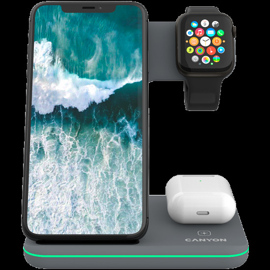 CANYON WS-303, 3in1 Wireless charger, with touch button for Running water light, Input 9V/2A, 12V/2A, Output 15W/10W/7.5W/5W, Type c to USB-A cable length 1.2m, 137*103*140mm, 0.22Kg, Dark Grey