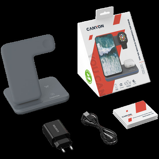 CANYON WS-303, 3in1 Wireless charger, with touch button for Running water light, Input 9V/2A, 12V/2A, Output 15W/10W/7.5W/5W, Type c to USB-A cable length 1.2m, 137*103*140mm, 0.22Kg, Dark Grey