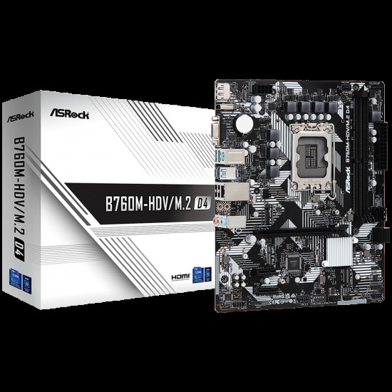 ASROCK MB LGA1700 B760 2 x DDR5 DIMM 2 x Hyper M.2 1 x Ultra M.2 4 x SATA3 1 x D-Sub Port 1 x DisplayPort 1.4 Micro ATX