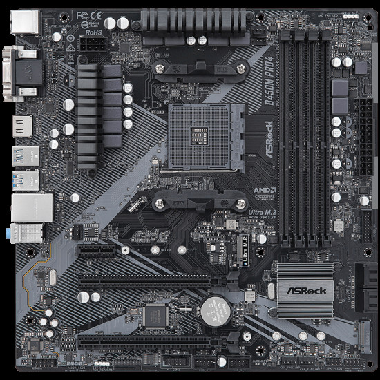 ASROCK Main Board Desktop B450M PRO4 (AM4, 4xDDR4, 1x PCIe 3.0 x16, 1x PCIe 2.0 x16, 1x PCIe 2.0 x1, 4x SATA III, RAID 0,1,10, 1x Ultra M.2 PCIe Gen3 x4, 1x M.2 SATA3, 1x COM Port header, 8x USB 3.0, GLAN, VGA, HDMI, DVI) mATX, Retail