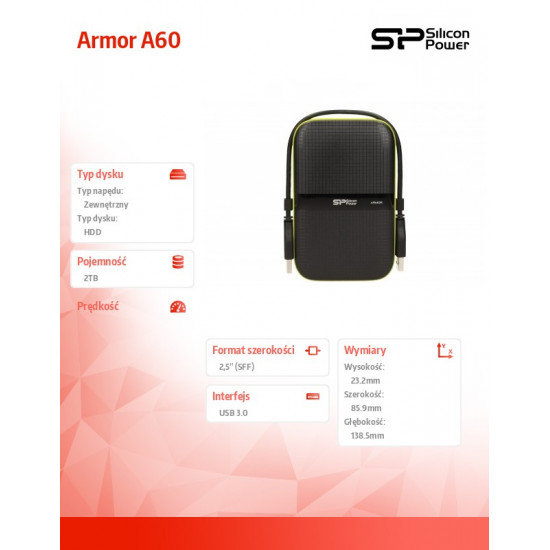 ARMOR A60 2TB USB 3.0 BLACK-GREEN/PANCERNY wstrząso/py o i wodoodporny