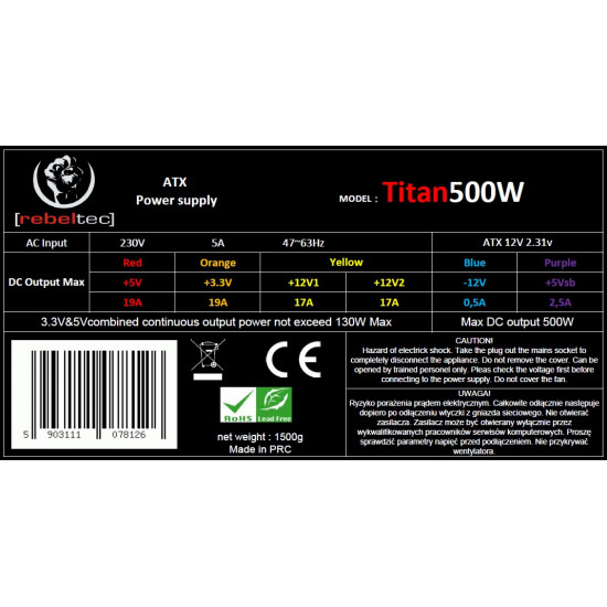 Power supplay ATX ver2.31 TITAN 500W