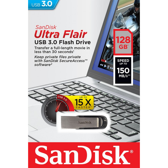 SanDisk Ultra Flair 128GB, USB 3.0 Flash Drive, 150MB/s read , EAN: 619659136710