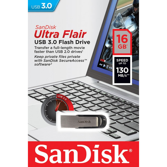 SanDisk Ultra Flair 16GB, USB 3.0 Flash Drive, 130MB/s read , EAN: 619659136680