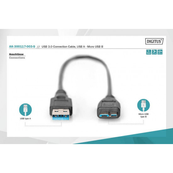 USB3.0 Cable 0,25m USB A/microUSB B M/M Black 0,25m