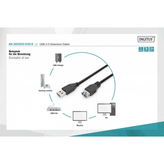 Extension Cable USB 3.0 SuperSpeed Type USB A/USB A/Z black 3,0m