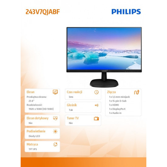 Monitor 23.8 243V7QJABF IPS HDMI DP Speakers