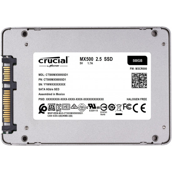 SSD|CRUCIAL|MX500|500GB|SATA 3.0|TLC|Write speed 510 MBytes/sec|Read speed 560 MBytes/sec|2,5