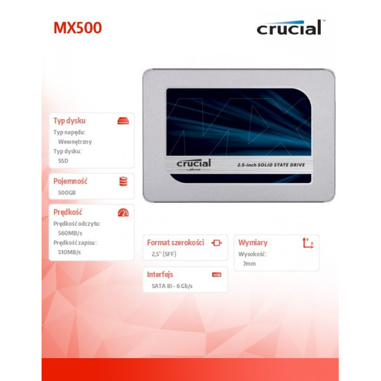 SSD|CRUCIAL|MX500|500GB|SATA 3.0|TLC|Write speed 510 MBytes/sec|Read speed 560 MBytes/sec|2,5