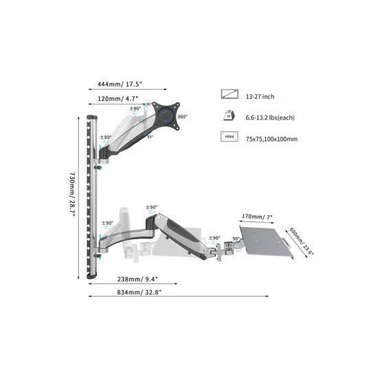 Wall Mount LCD+Keyboard max. 27 max. 8kg