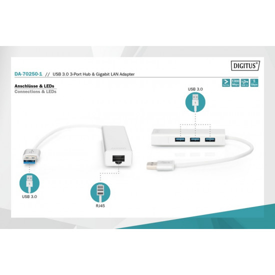 Hub USB 3.0, 3-ports Gigabit LAN adaptor