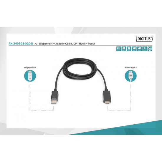 Adapter Cable Displayport 1.2 with interlock 4K 60Hz UHD Typ DP/HDMI A M/M black 2 m