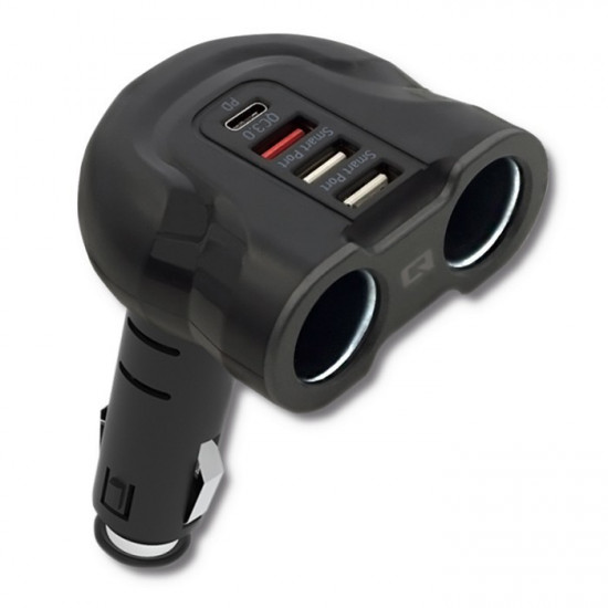 Car charger52W,2xUSB,USB QC,USB-C PD,2xcig.socke