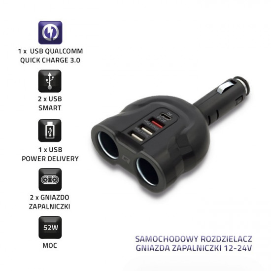 Car charger52W,2xUSB,USB QC,USB-C PD,2xcig.socke