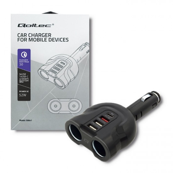 Car charger52W,2xUSB,USB QC,USB-C PD,2xcig.socke