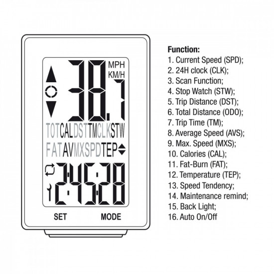 Wireless Bicycle 16 Fun ctions Computer MCE310