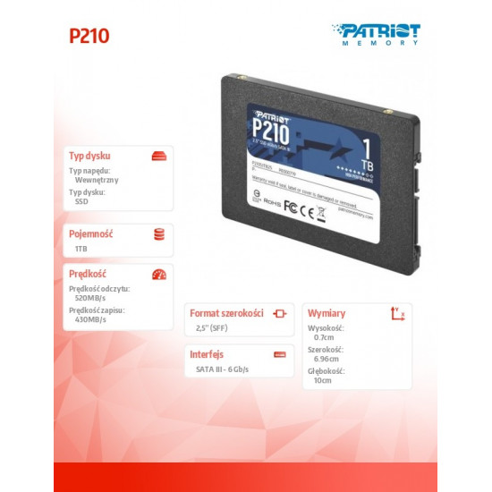 SSD|PATRIOT|P210|1TB|SATA 3.0|Write speed 430 MBytes/sec|Read speed 520 MBytes/sec|2,5