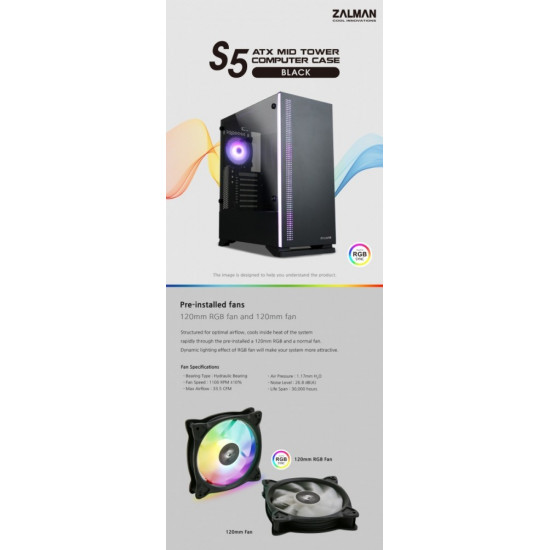 ZALMAN S5 Black ATX Mid Tower PC Case RGB fan T