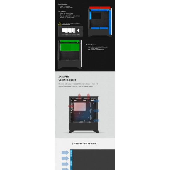 ZALMAN S5 Black ATX Mid Tower PC Case RGB fan T