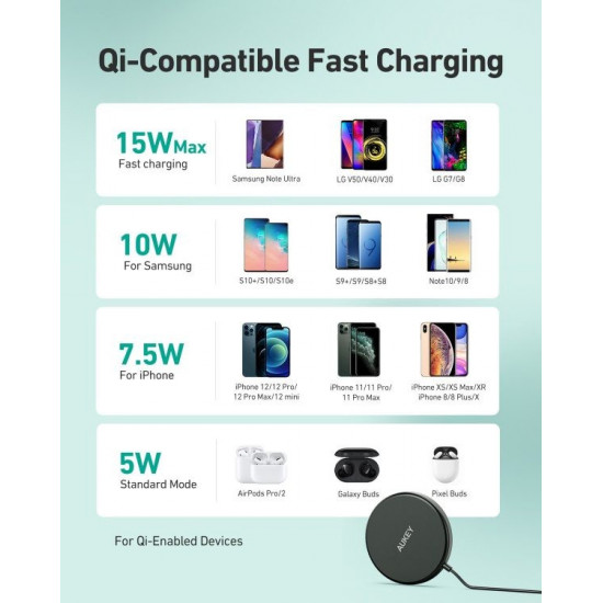 AUKEY LC-A1 Black Wirel ess Charger Qi USB C 15