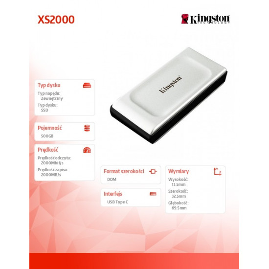 External SSD|KINGSTON|500GB|USB 3.2|Write speed 2000 MBytes/sec|Read speed 2000 MBytes/sec|SXS2000/500G