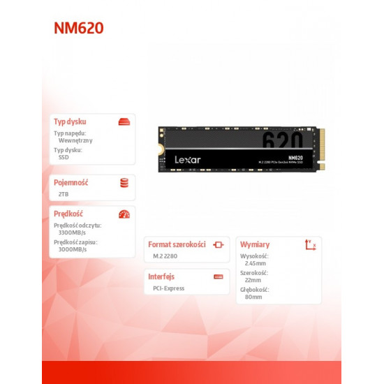 SSD|LEXAR|NM620|2TB|M.2|PCIE|NVMe|3D TLC|Write speed 3000 MBytes/sec|Read speed 3300 MBytes/sec|MTBF 1500000 hours|LNM620X002T-RNNNG