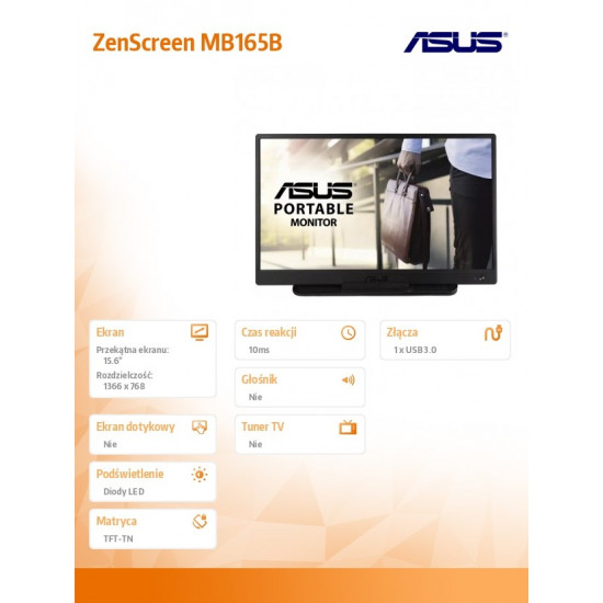 Monitor 15.6 cala MB165B 0.78 kg USB 3.0 Narrow Bezel, USB-powered, Anti-glare surface