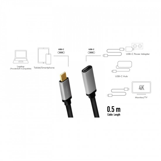 USB-C M/F cable, 4K/60Hz , alu, 0.5m