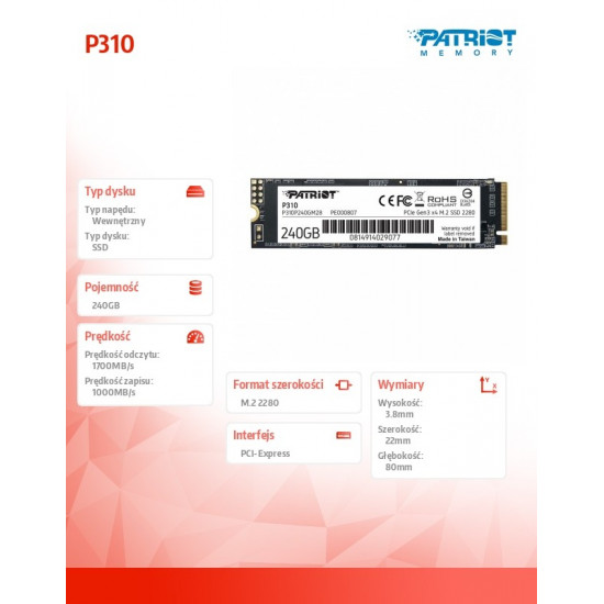 SSD drive P310 240GB M.2 2280 1700/1000 PCIe NVMe Gen3 x 4