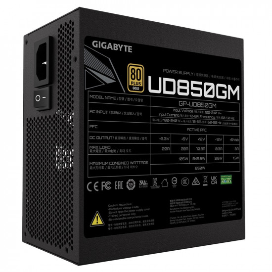 Power Supply|GIGABYTE|850 Watts|Efficiency 80 PLUS GOLD|PFC Active|MTBF 100000 hours|GP-UD850GM