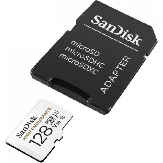 SanDisk High Endurance microSDXC 128GB + SD Adapter - for dash cams & home monitoring, up to 10,000 Hours, Full HD / 4K videos, up to 100/40 MB/s Read/Write speeds, C10, U3, V30, EAN: 619659173104