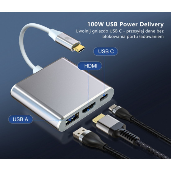 Adapter HUB USB C 3w1 - HDMI, USB, PD silver