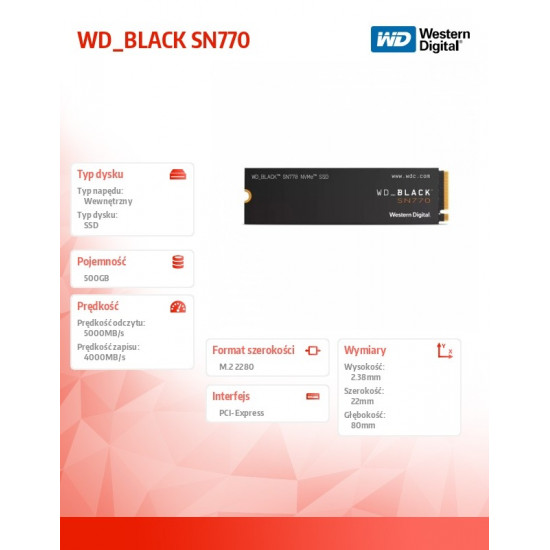 SSD WD Black 500GB SN770 NVMe 2280 M2 WDS500G3X0E