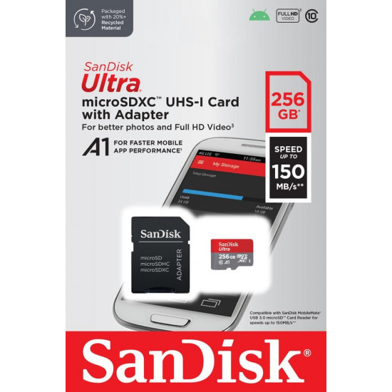 SanDisk Ultra microSDXC 256GB + SD Adapter 150MB/s A1 Class 10 UHS-I, EAN: 619659200565