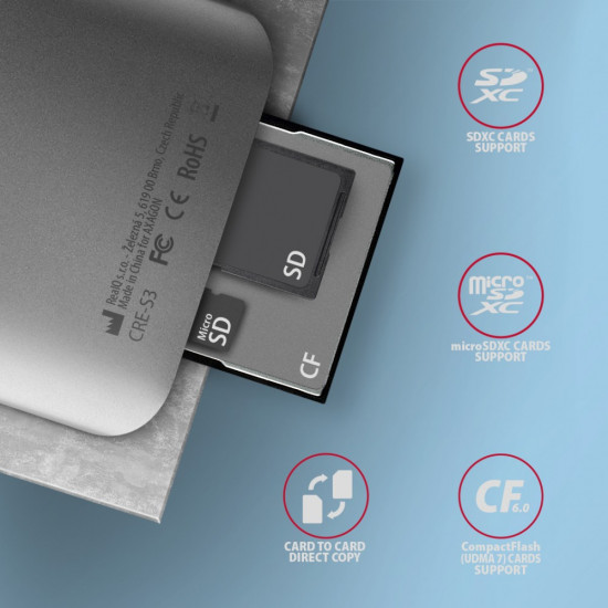 CRE-S3 External card reader USB-A 3.2 Gen 1, 3-slot & lun SD/microSD/CF, UHS-II
