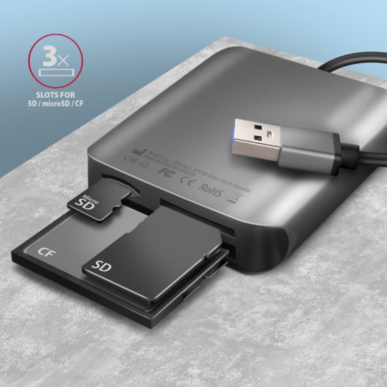 CRE-S3 External card reader USB-A 3.2 Gen 1, 3-slot & lun SD/microSD/CF, UHS-II