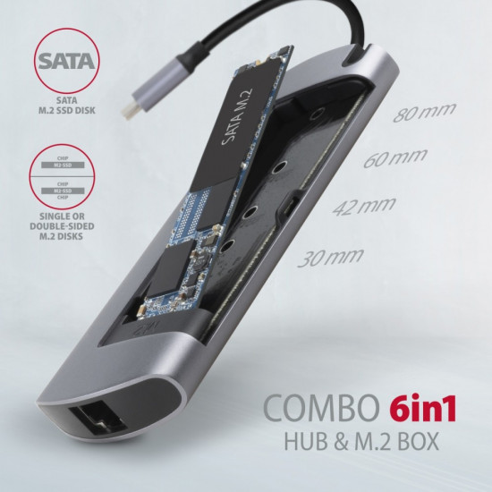 Hub HMC-6M2 USB-C 3.2 Gen 1 hub w. M.2 SATA + HDMI + GLAN + 2x USB-A + PD 100W