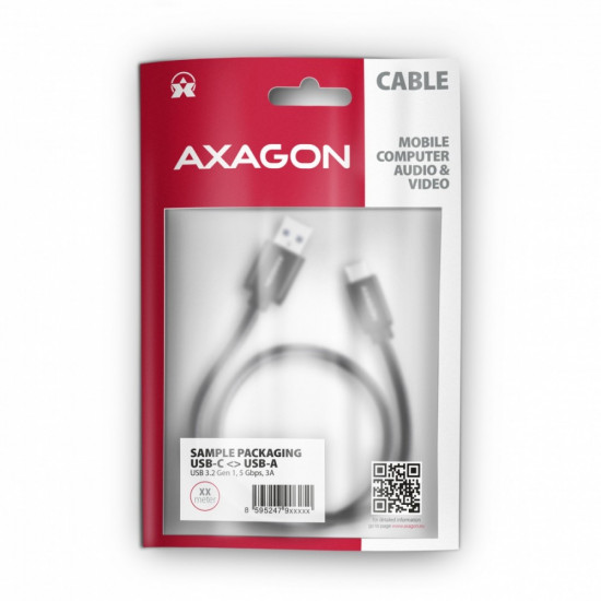 Axagon Data and charging USB 3.2 Gen1 cable lengh 2 m. 3A. Black braided.