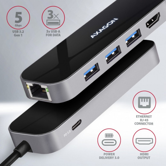 HMC-6GL 3x USB-A, HDMI, RJ-45, USB 3.2 Gen 1 hub, PD 100W, 20cm USB-C cable