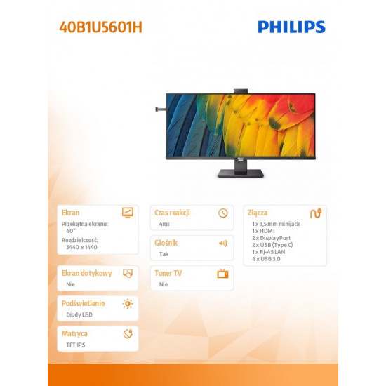 Monitor 40 inches 40B1U5601H IPS HDMI DP USB-C HAS Camera Speakers