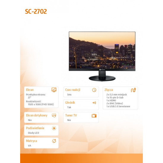 Monitor 27 inches SC-2702 LED VA FHD HDMI VGA BNC 24/7