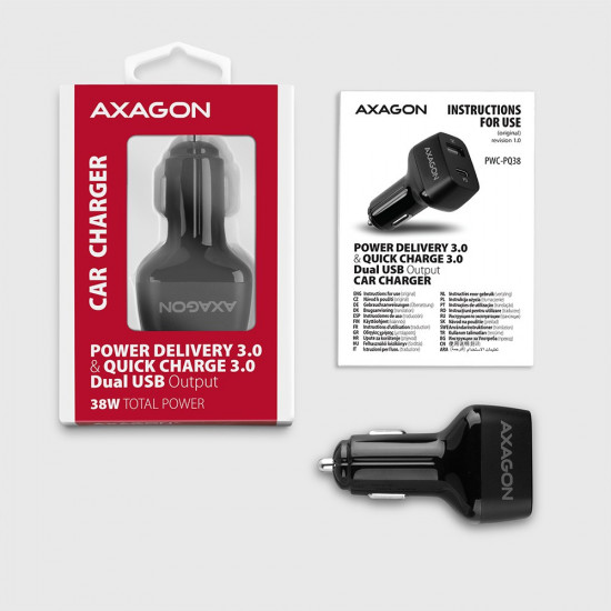 AXAGON PWC-PQ38 38W car charger 2x port USB-A+C