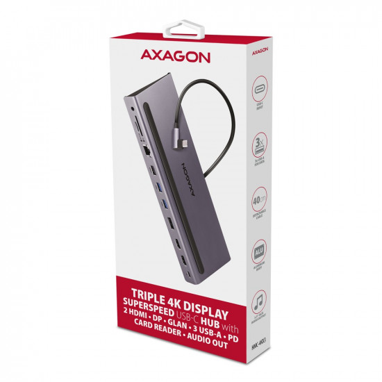 AXAGON HMC-4KX3 3x USB- A/2xHDMI/DP/GLAN/SD/PD