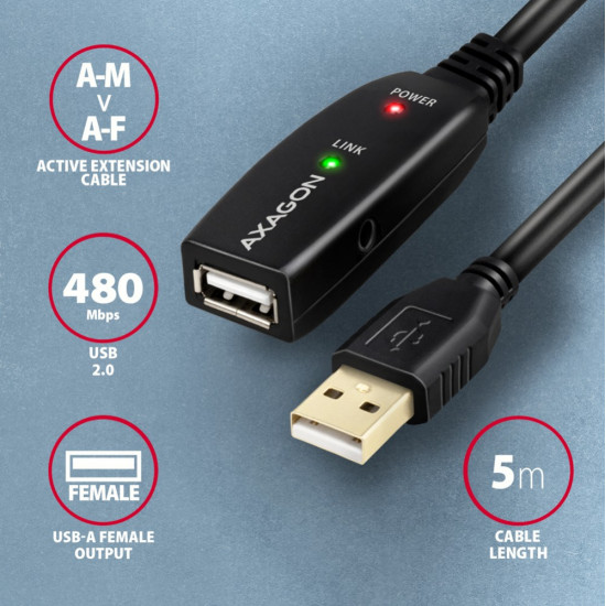 AXAGON ADR-205 USB 2.0 A-M - A-F act. 5m cabl