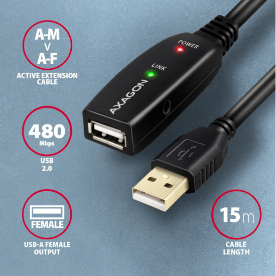 AXAGON ADR-215 USB 2.0 A-M - A-F act 15m cabl