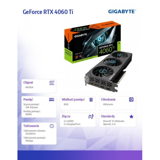 Graphics Card|GIGABYTE|NVIDIA GeForce RTX 4060 Ti|8 GB|GDDR6|128 bit|PCIE 4.0 16x|2xHDMI|2xDisplayPort|GV-N406TEAGLEOC-8GD